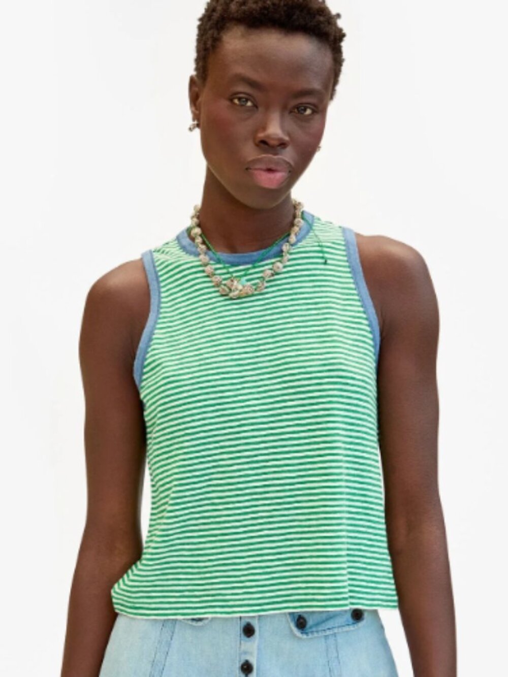 Clare V Camp Fit Tank Linen Blend Green Stripe Sz M EUC